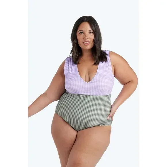 Summersalt The Ruched Backflip Swimsuit - Gingham in Lavender & Ivy, Size 14 - Picture 8 of 10